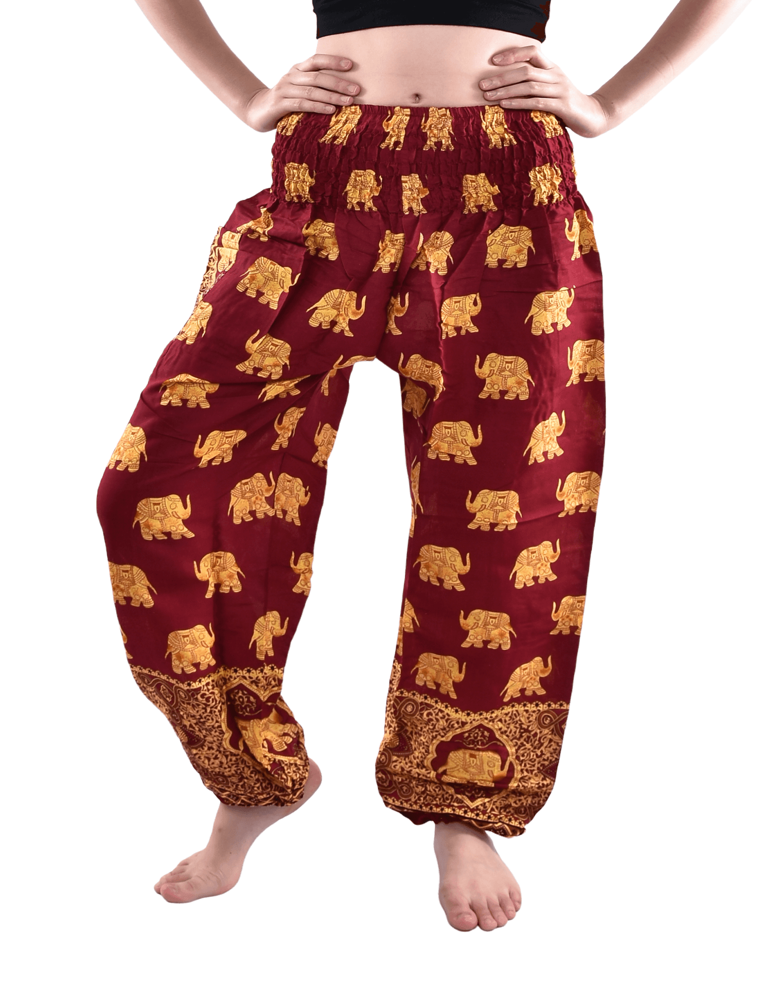 Bohotusk Maroon Royal Elephant Print Elasticated Smocked Waist Womens - VirtuousWares:Global