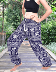 Bohotusk Navy Blue Elephant Print Womens Harem Pants Tie Waist S/M - VirtuousWares:Global