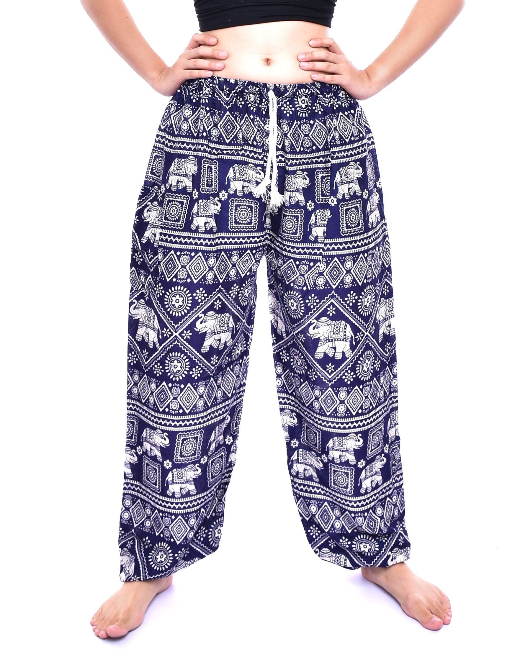 Bohotusk Navy Blue Elephant Print Womens Harem Pants Tie Waist S/M - VirtuousWares:Global