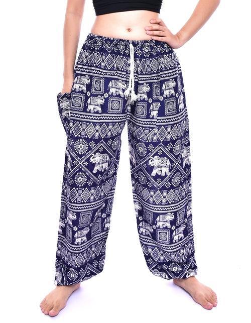 Bohotusk Navy Blue Elephant Print Womens Harem Pants Tie Waist S/M - VirtuousWares:Global