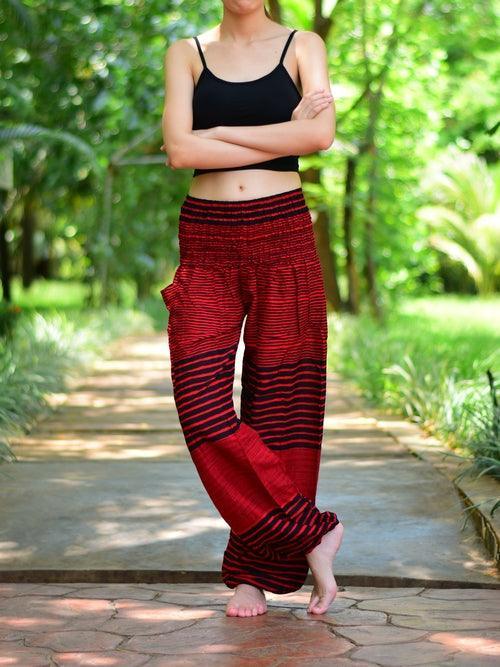 Bohotusk Red Patch Stripe Elasticated Smocked Waist Womens Harem Pants - VirtuousWares:Global