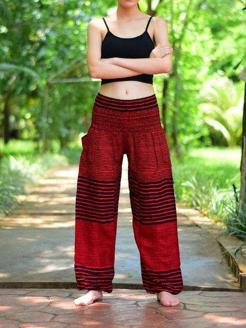 Bohotusk Red Patch Stripe Elasticated Smocked Waist Womens Harem Pants - VirtuousWares:Global