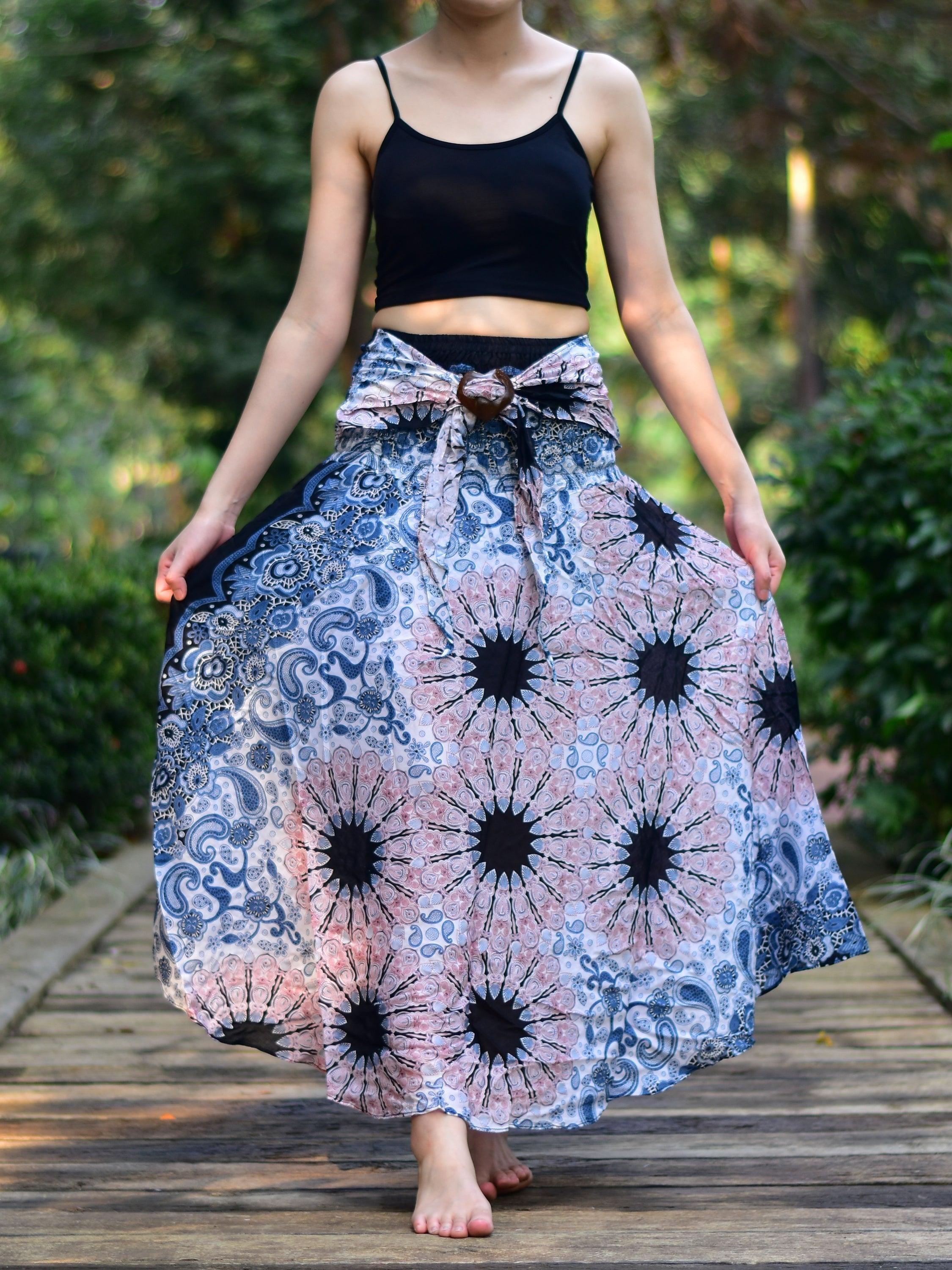 Bohotusk White Pink Ink Splash Long Skirt With Coconut Buckle (& - VirtuousWares:Global