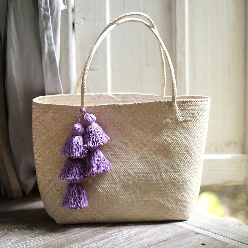 Borneo Sani Straw Tote Bag - with Purple Tassels - VirtuousWares:Global