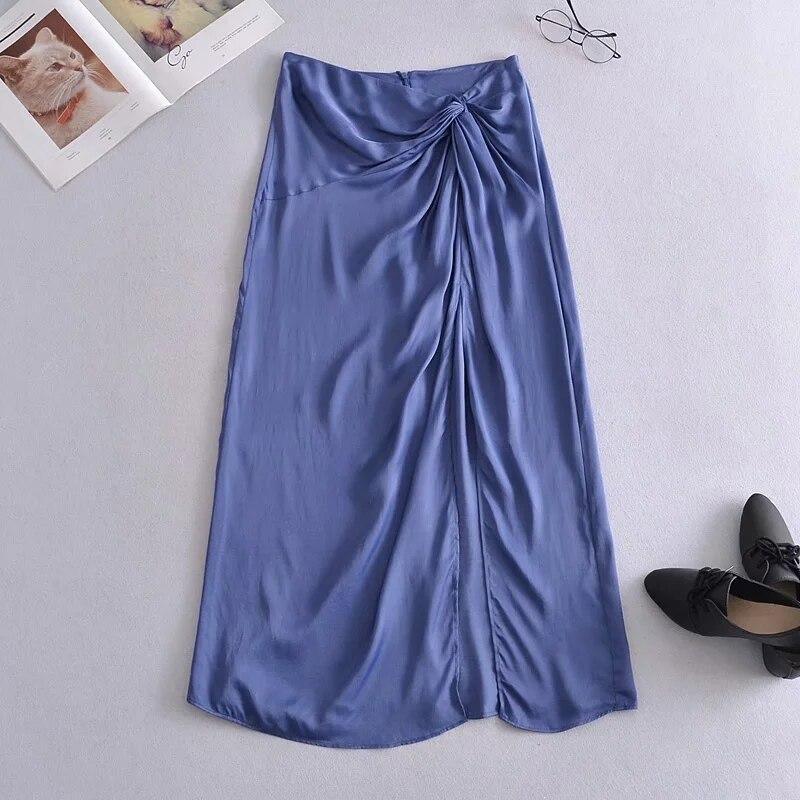 Bowknot Blue Satin Long Skirts Womens High Waist Elegant Ladies Slit - VirtuousWares:Global