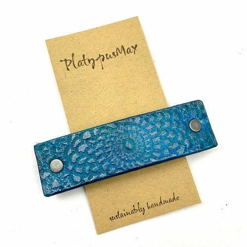 Brilliant Blue / Turquoise Lace Mandala Imprint Leather Hair Barrette - VirtuousWares:Global