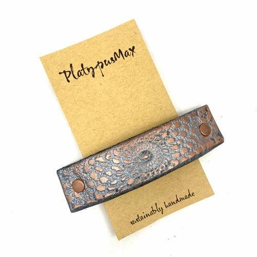 Bronze and Gunmetal Embossed Mandala Leather Hair Barrette - VirtuousWares:Global