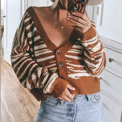 Brown stripe autumn winter women cardigan Office lady off shoulder swe - VirtuousWares:Global