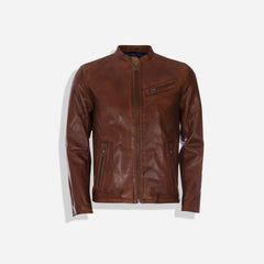 Burton Mandarin Collar Leather Jacket, Cognac - VirtuousWares:Global