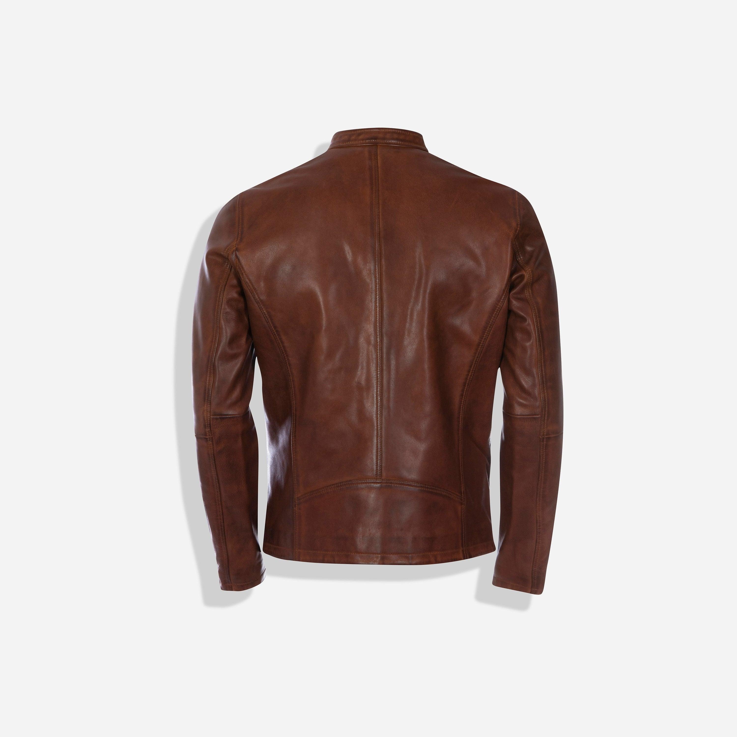 Burton Mandarin Collar Leather Jacket, Cognac - VirtuousWares:Global