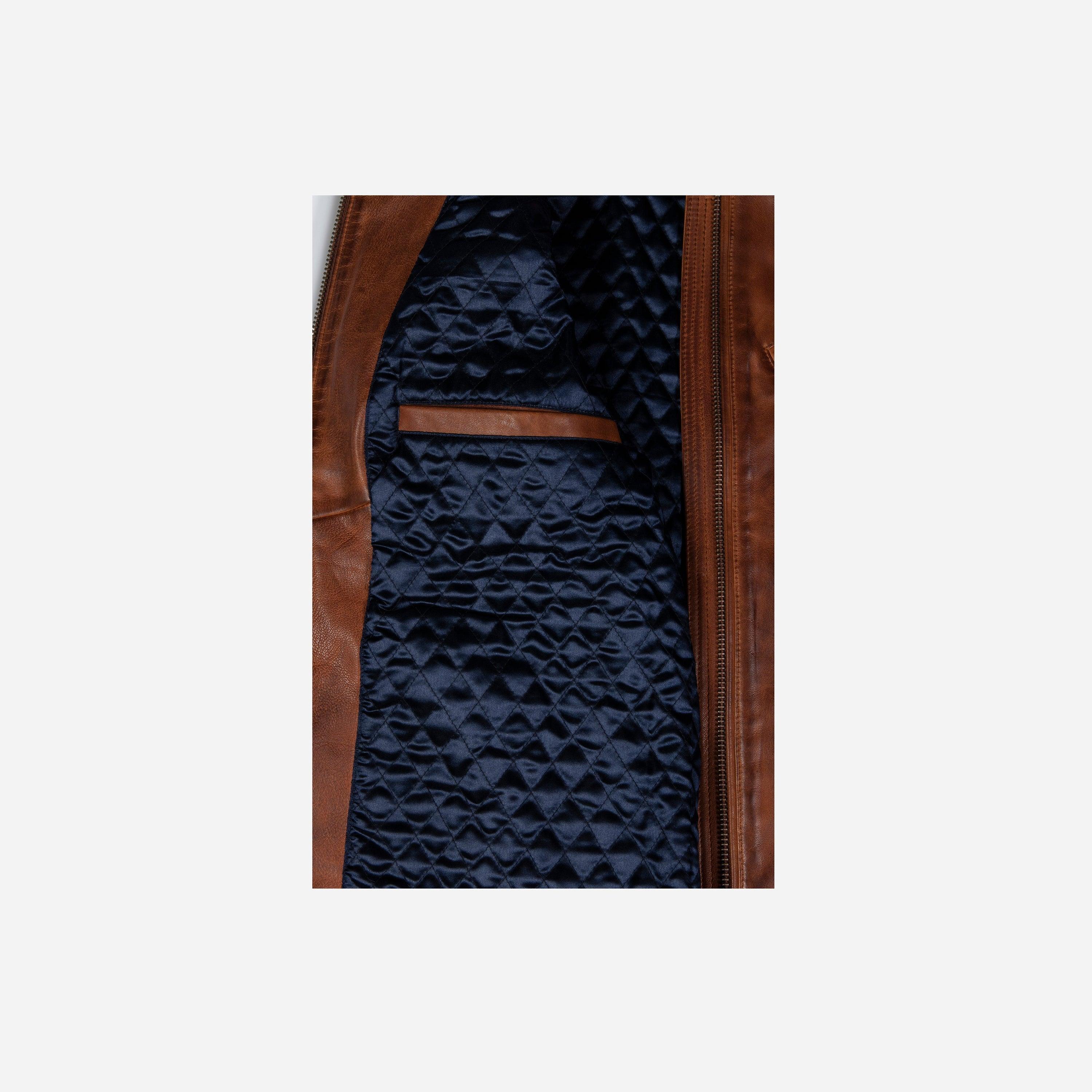 Burton Mandarin Collar Leather Jacket, Cognac - VirtuousWares:Global