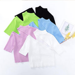 Candy Color High Neck Ribbed Knitted T-shirt - VirtuousWares:Global