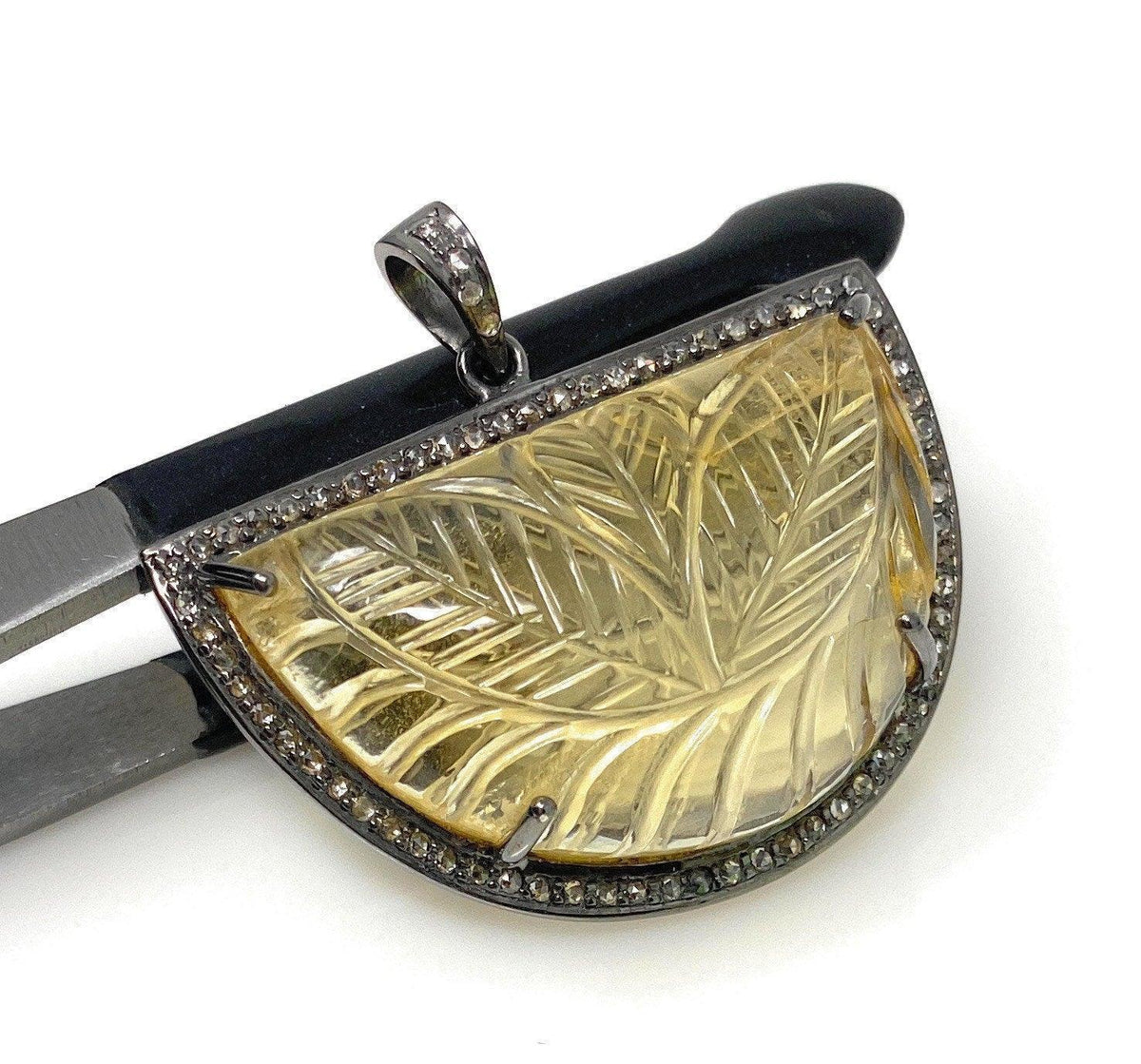 Carved Citrine Diamond Pendant, Pave Diamond Oxidized Sterling Silver - VirtuousWares:Global