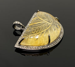 Carved Citrine Diamond Pendant, Pave Diamond Oxidized Sterling Silver - VirtuousWares:Global