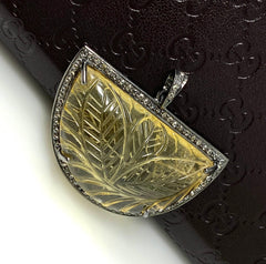 Carved Citrine Diamond Pendant, Pave Diamond Oxidized Sterling Silver - VirtuousWares:Global