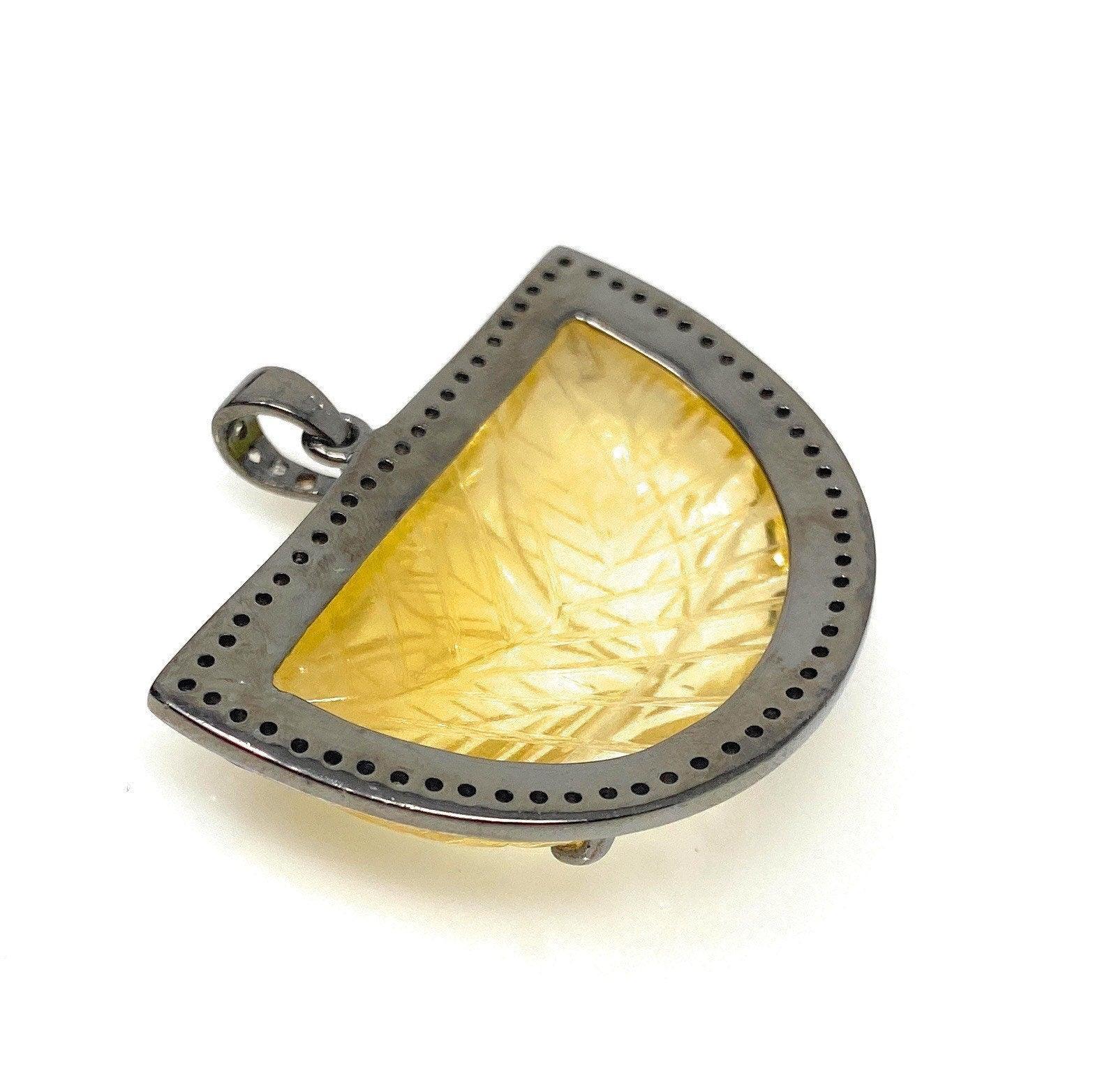 Carved Citrine Diamond Pendant, Pave Diamond Oxidized Sterling Silver - VirtuousWares:Global