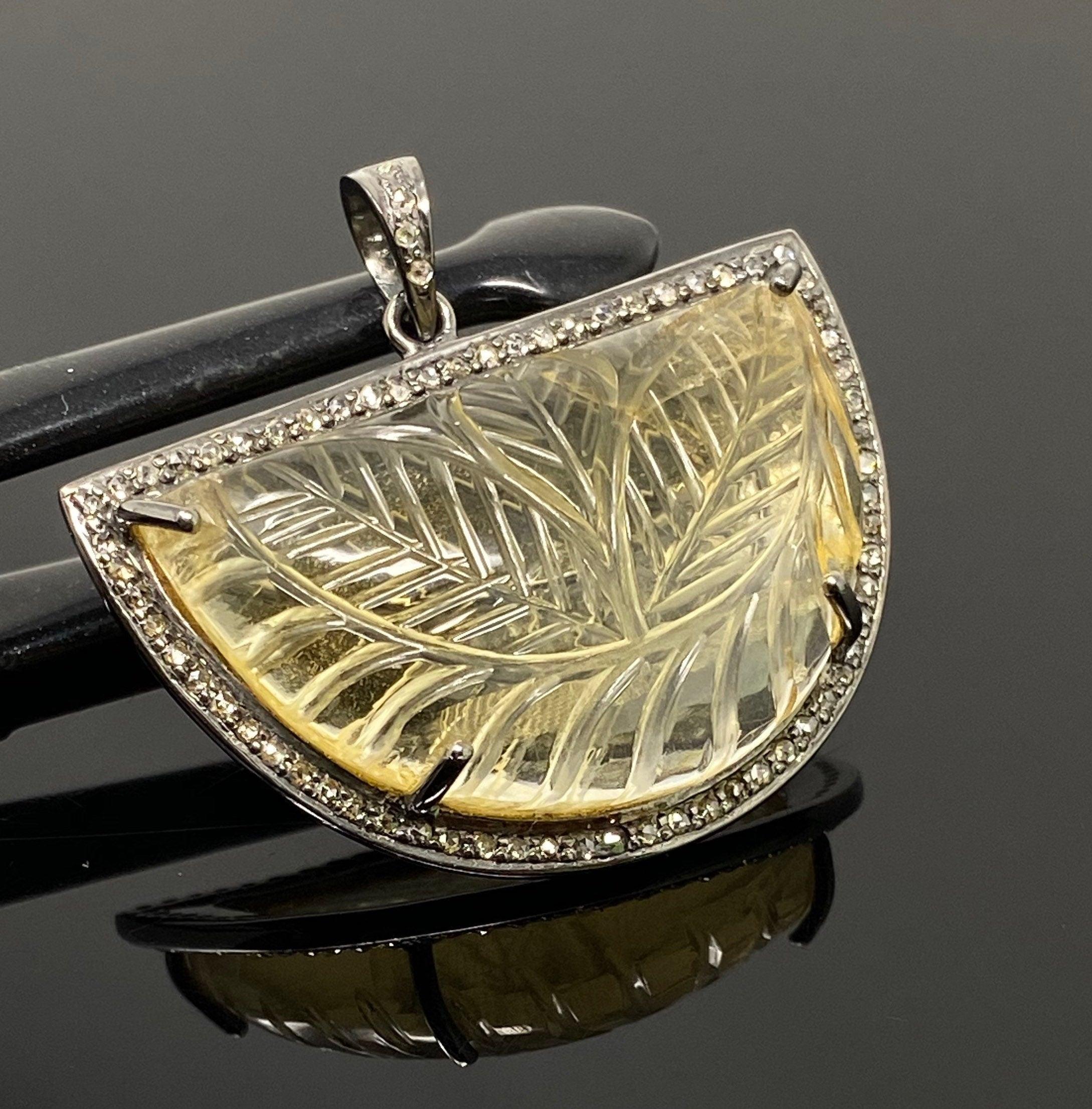 Carved Citrine Diamond Pendant, Pave Diamond Oxidized Sterling Silver - VirtuousWares:Global