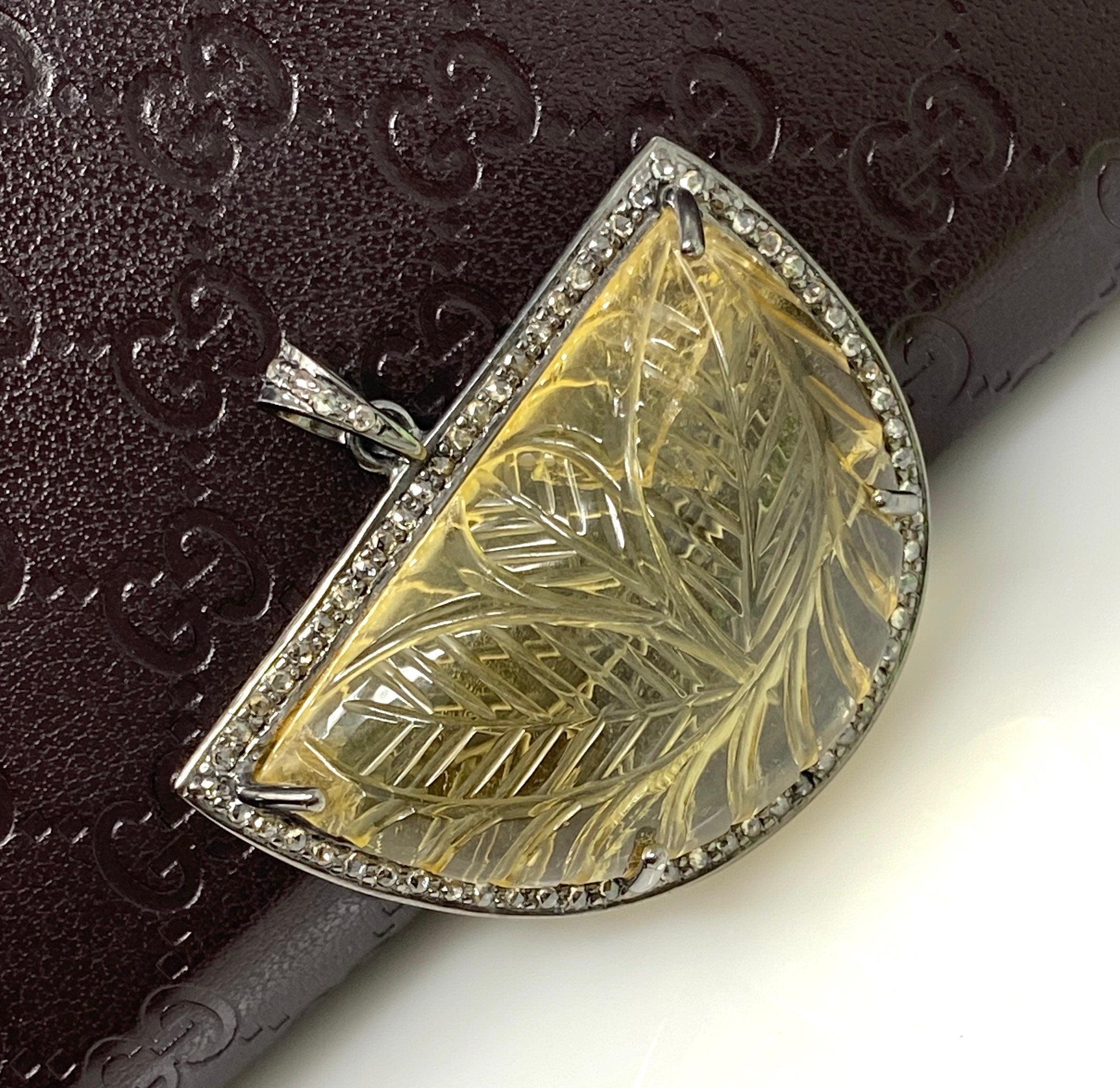 Carved Citrine Diamond Pendant, Pave Diamond Oxidized Sterling Silver - VirtuousWares:Global