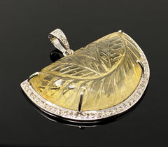 Carved Citrine Diamond Pendant, Pave Diamond Sterling Silver Pendant, - VirtuousWares:Global