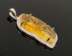 Carved Citrine Diamond Pendant, Pave Diamond Sterling Silver Pendant, - VirtuousWares:Global