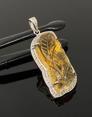 Carved Citrine Diamond Pendant, Pave Diamond Sterling Silver Pendant, - VirtuousWares:Global