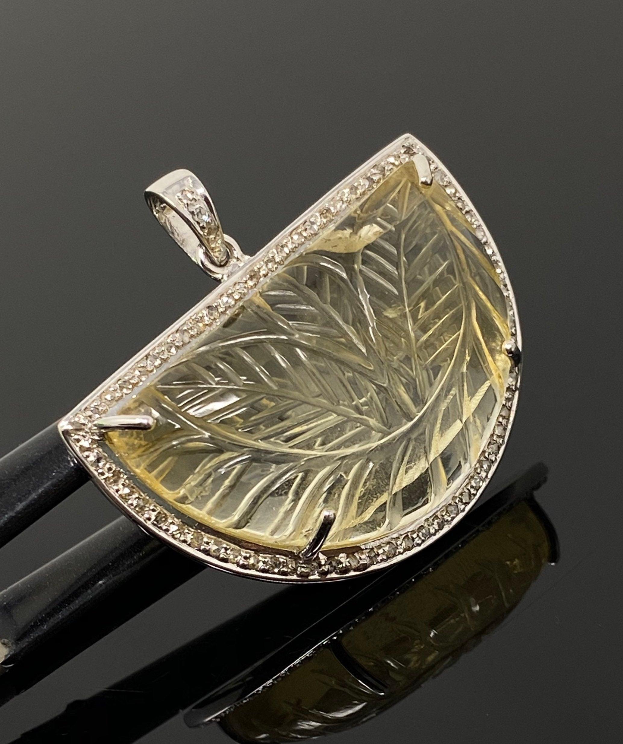 Carved Citrine Diamond Pendant, Pave Diamond Sterling Silver Pendant, - VirtuousWares:Global