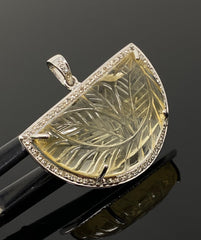 Carved Citrine Diamond Pendant, Pave Diamond Sterling Silver Pendant, - VirtuousWares:Global