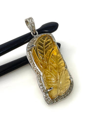 Carved Citrine Diamond Pendant, Pave Diamond Sterling Silver Pendant, - VirtuousWares:Global