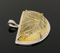 Carved Citrine Diamond Pendant, Pave Diamond Sterling Silver Pendant, - VirtuousWares:Global
