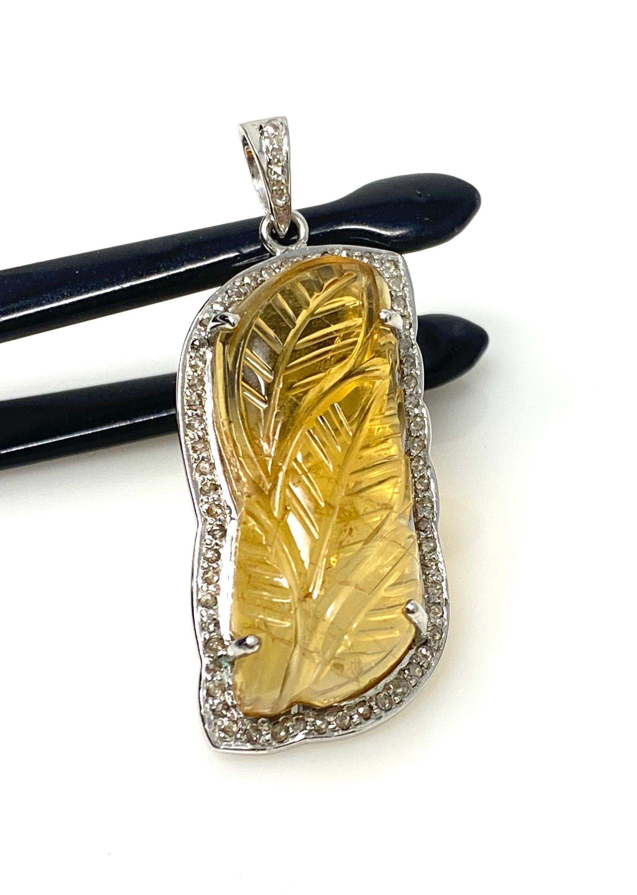 Carved Citrine Diamond Pendant, Pave Diamond Sterling Silver Pendant, - VirtuousWares:Global
