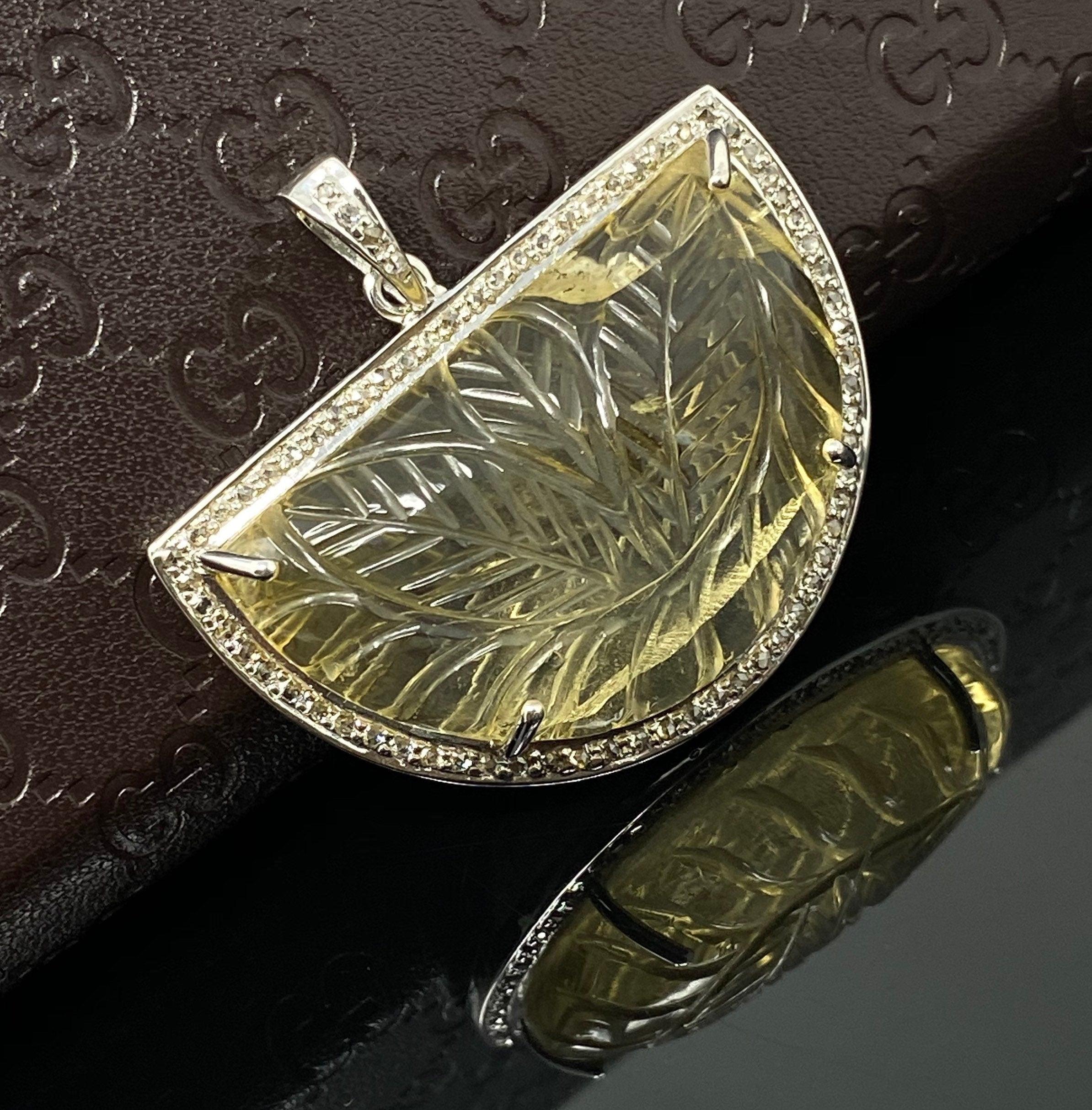 Carved Citrine Diamond Pendant, Pave Diamond Sterling Silver Pendant, - VirtuousWares:Global