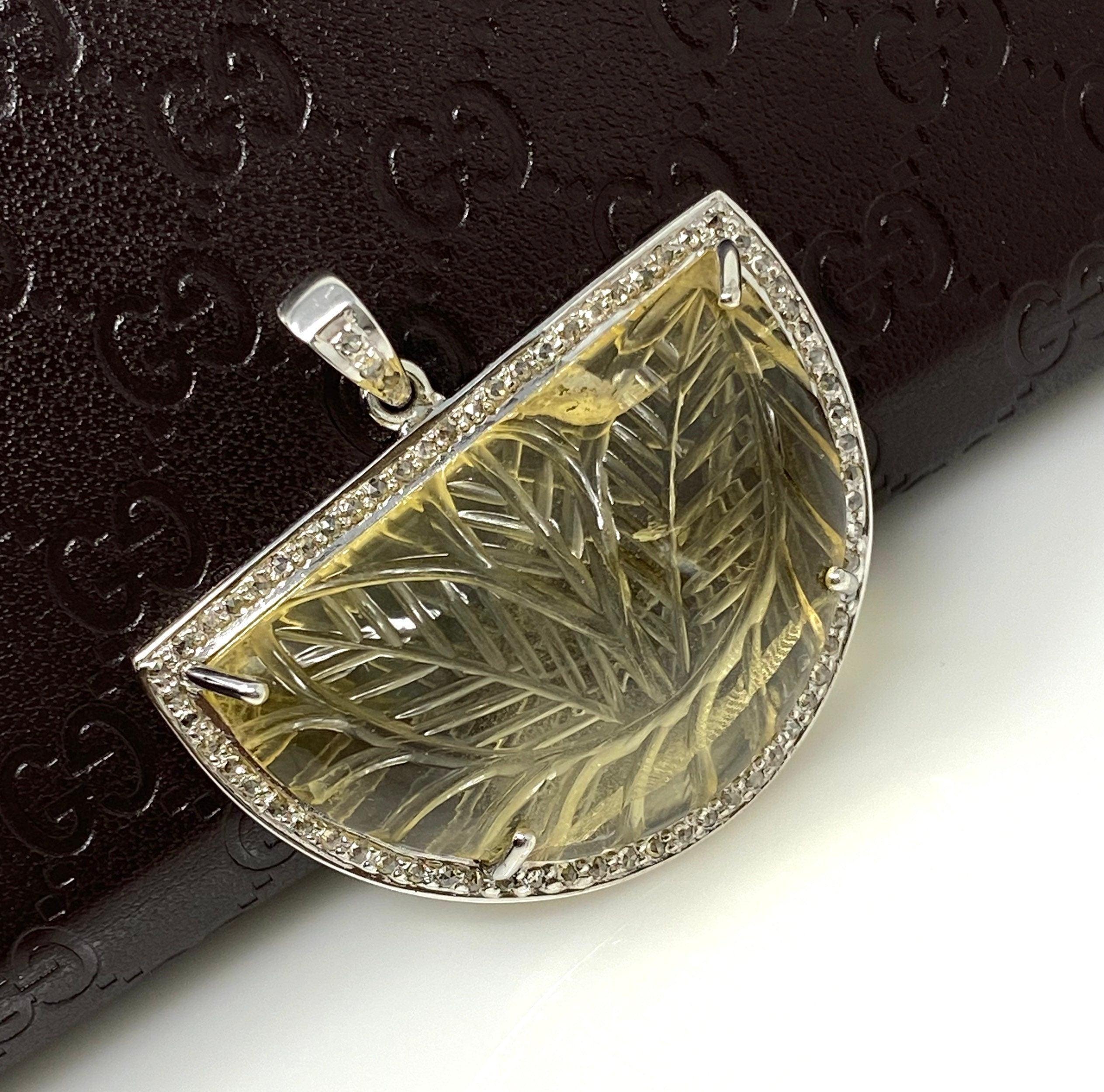 Carved Citrine Diamond Pendant, Pave Diamond Sterling Silver Pendant, - VirtuousWares:Global