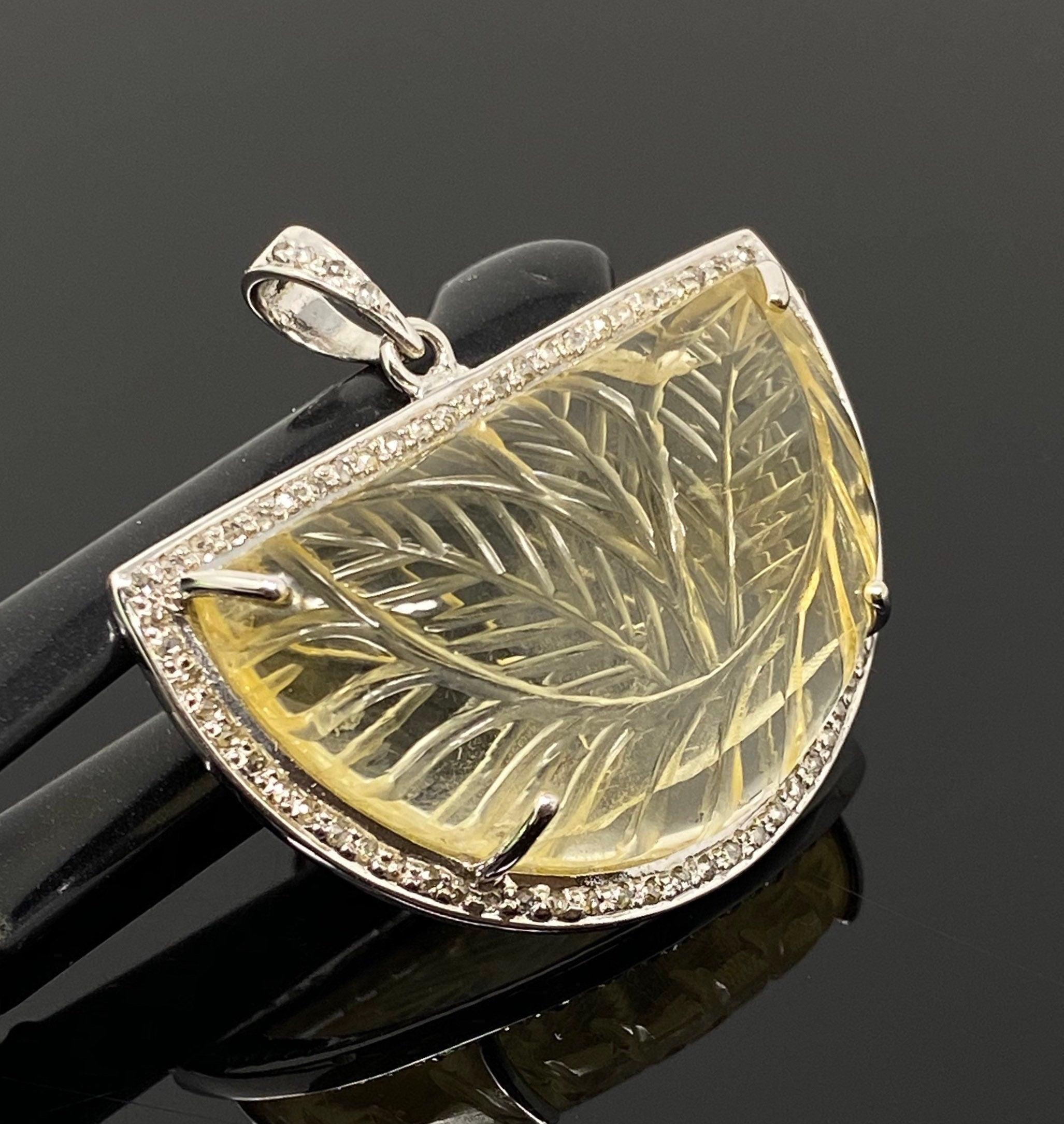 Carved Citrine Diamond Pendant, Pave Diamond Sterling Silver Pendant, - VirtuousWares:Global