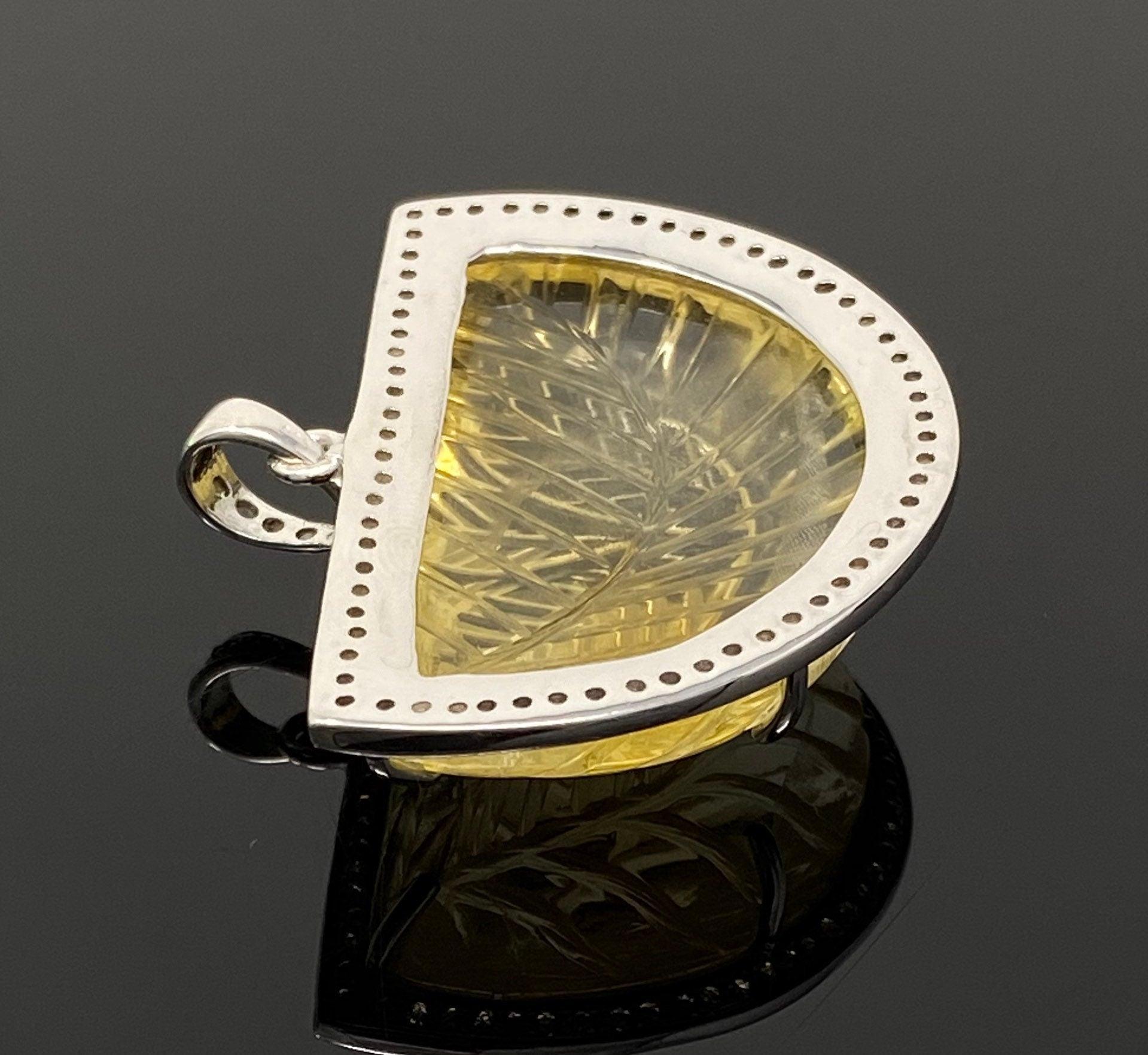 Carved Citrine Diamond Pendant, Pave Diamond Sterling Silver Pendant, - VirtuousWares:Global
