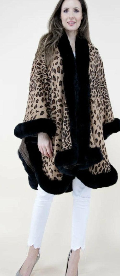 Cheetah print Ruana W/ Faux Fur Trim - VirtuousWares:Global