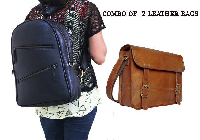 Combo Of 2 , Black Leather Backpack With Simple Leather bag. - VirtuousWares:Global