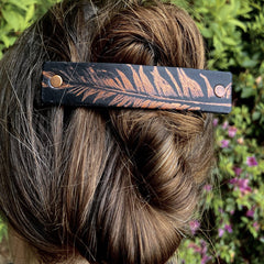 Copper Feather on Black Leather Barrette and Earring Gift Set - VirtuousWares:Global