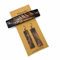 Copper Feather on Black Leather Barrette and Earring Gift Set - VirtuousWares:Global