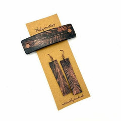 Copper Feather on Black Leather Barrette and Earring Gift Set - VirtuousWares:Global