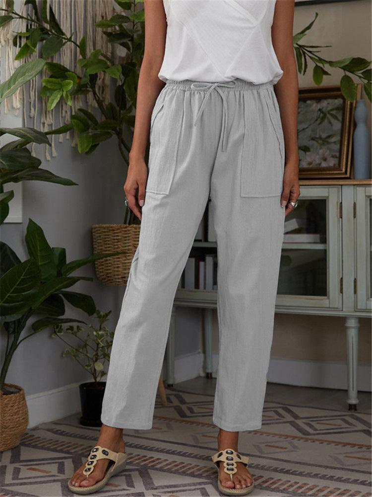 Cotton Linen Pants Loose Solid Color High Waist Trousers Long Pants - VirtuousWares:Global