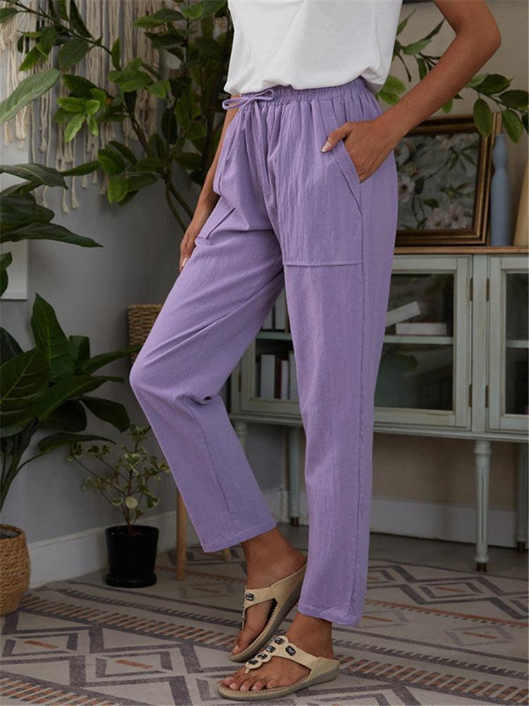 Cotton Linen Pants Loose Solid Color High Waist Trousers Long Pants - VirtuousWares:Global