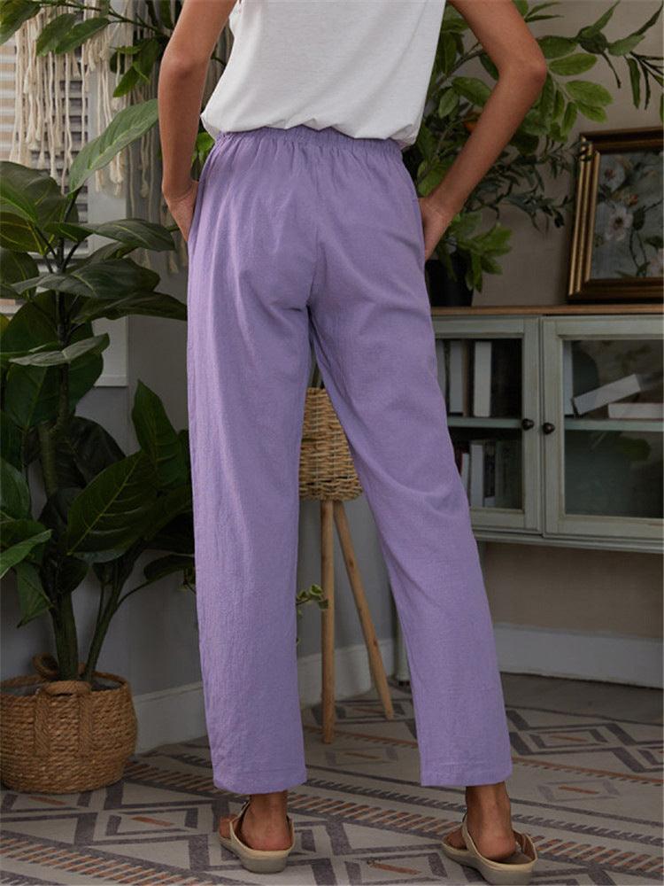 Cotton Linen Pants Loose Solid Color High Waist Trousers Long Pants - VirtuousWares:Global