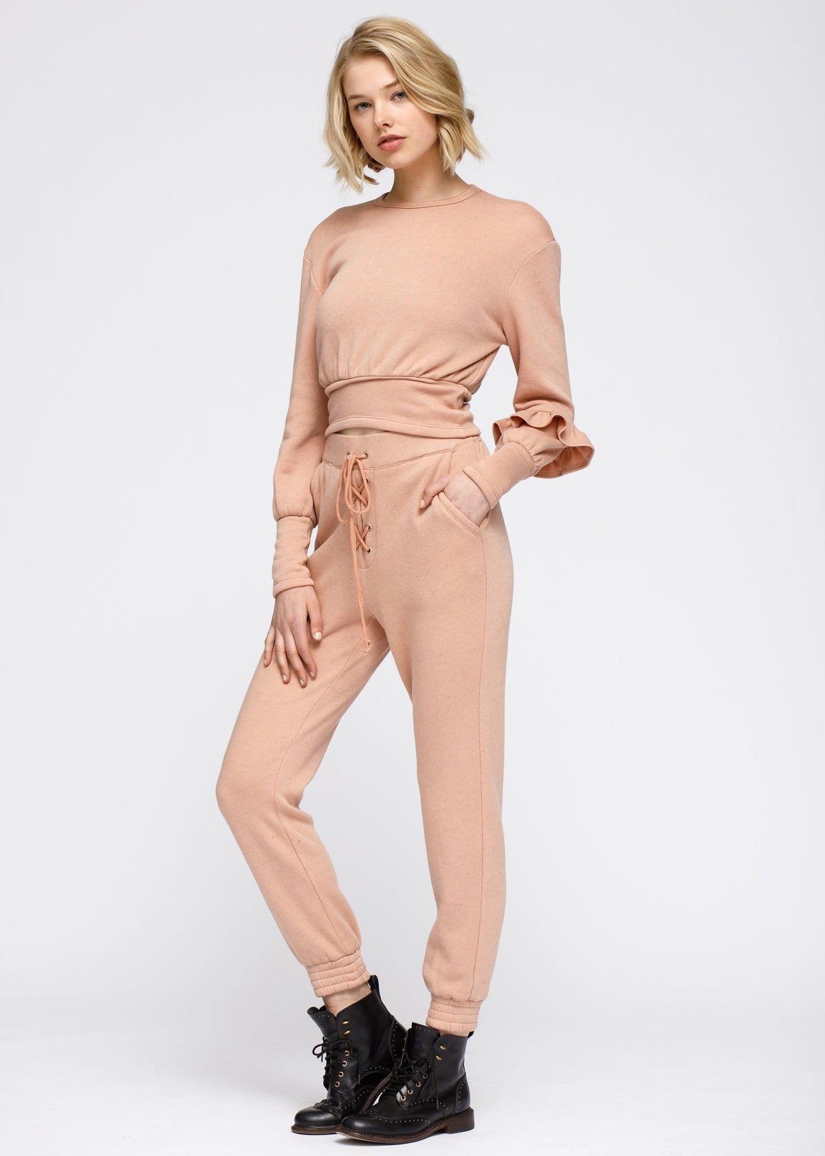 Crewneck Ruffle Sleeve Peplum Sweatshirt In Peach - VirtuousWares:Global