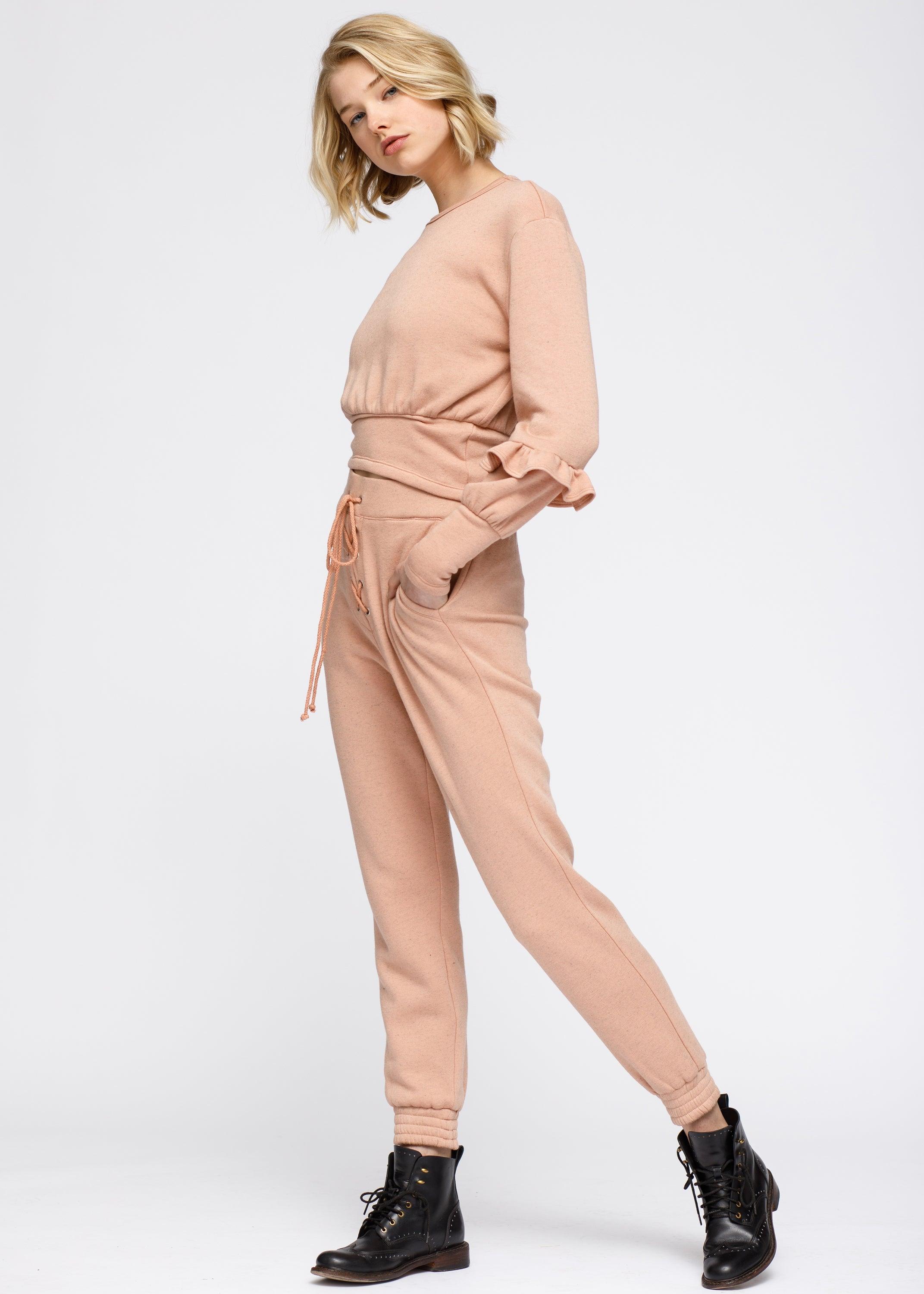 Crewneck Ruffle Sleeve Peplum Sweatshirt In Peach - VirtuousWares:Global