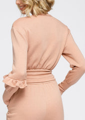 Crewneck Ruffle Sleeve Peplum Sweatshirt In Peach - VirtuousWares:Global