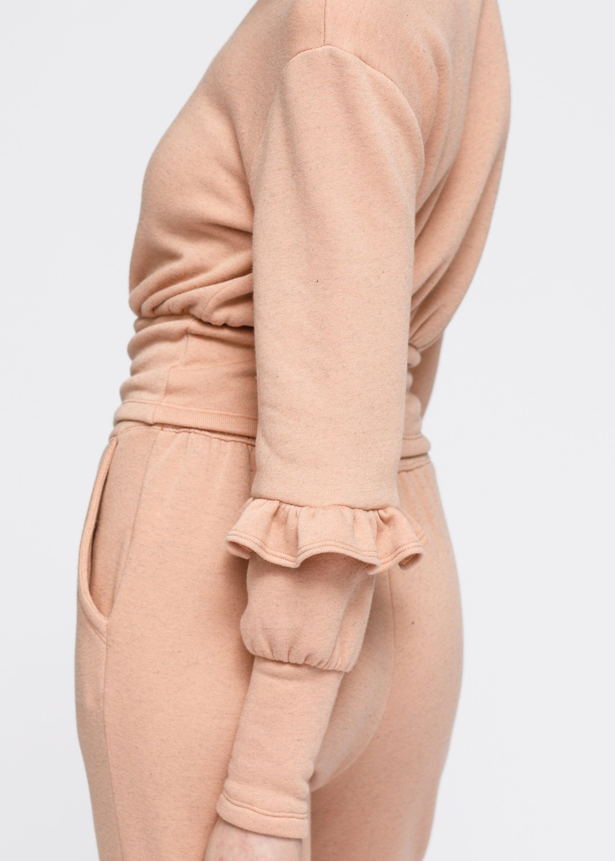 Crewneck Ruffle Sleeve Peplum Sweatshirt In Peach - VirtuousWares:Global