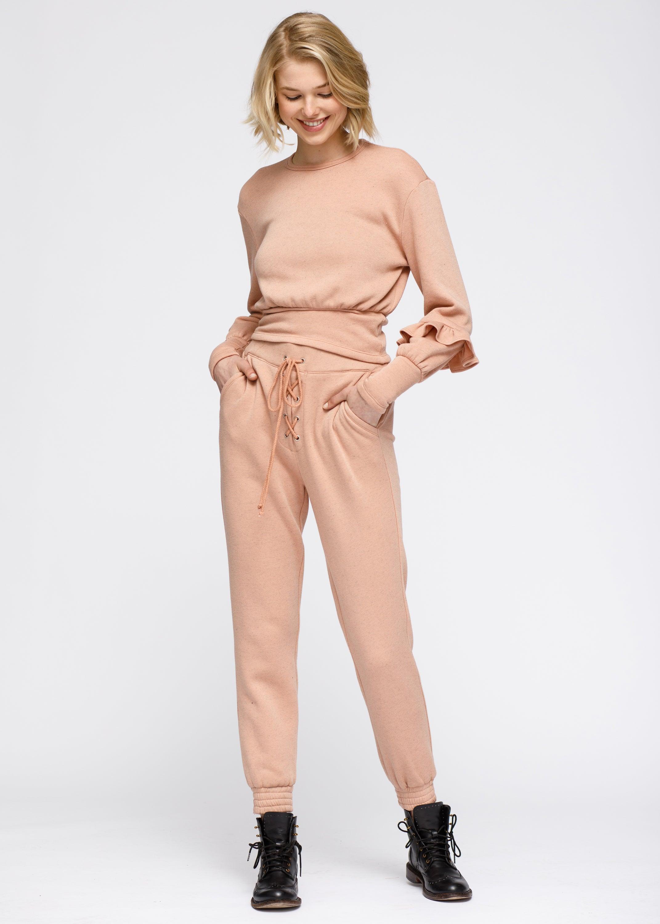 Crewneck Ruffle Sleeve Peplum Sweatshirt In Peach - VirtuousWares:Global