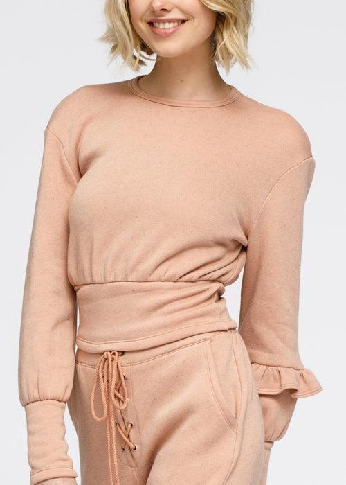 Crewneck Ruffle Sleeve Peplum Sweatshirt In Peach - VirtuousWares:Global