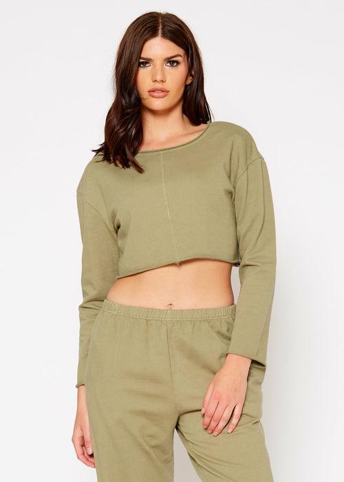 Cropped Scoop Neck Terry Sweatshirt In Olive - VirtuousWares:Global