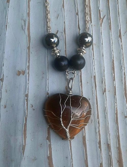 Crystal Heart Shungite Hematite Black Tourmaline Wire Wrapped Necklace - VirtuousWares:Global